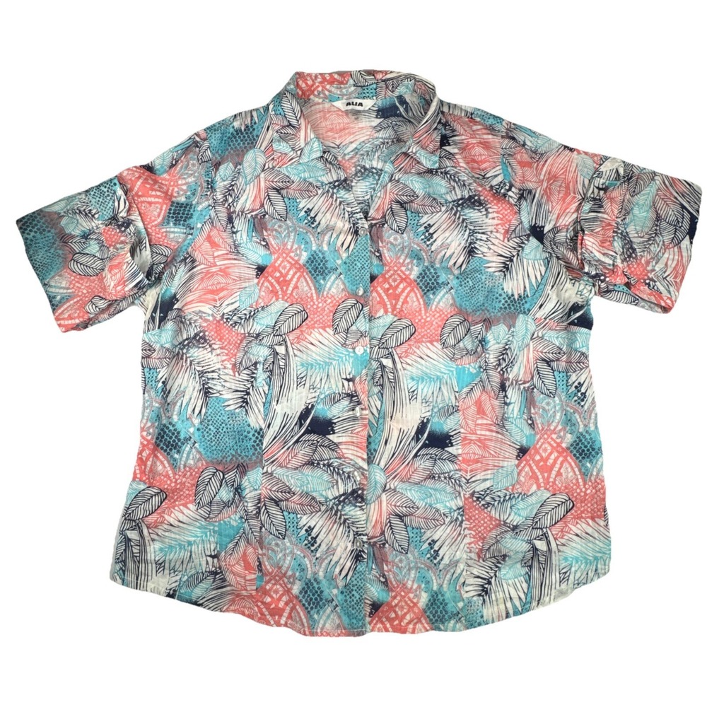 Alia Button Down Shirt Tropical Palm Leaf Print Short Sleeve 22W Coral Teal Blue